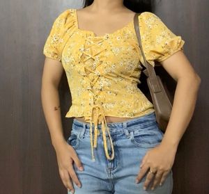 Yellow Floral Lace-Up Crop Top