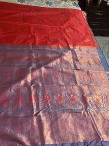 Red Silk Saree with Blue Brocade