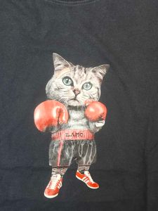 Black T Shirt with Boxing Cat Print