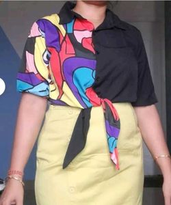 Color Block Graphic Print Tie-Front Shirt