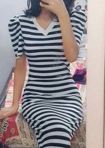 Striped Bodycon Dress with Puffy Sleeves