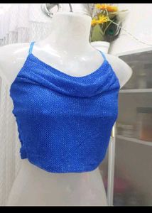Sparkly Blue Ruched Zip-Up Crop Top