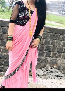 Elegant Pink Ruffle Saree