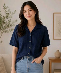 Chic Navy Blue Textured Button-Up Top