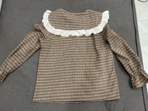 Brown Plaid Button-Up Top with Lace Collar