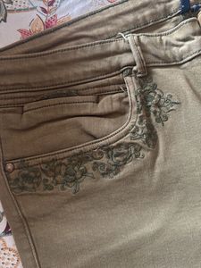 Olive Green Embroidered Jeans