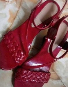 Red Woven Strap Platform Heels