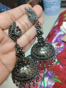 Oxidized Silver Peacock Jhumka Earrings