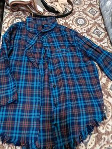Blue Plaid Frayed Hem Shirt