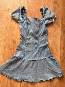 H&amp;M Denim Puff Sleeve Bow Dress
