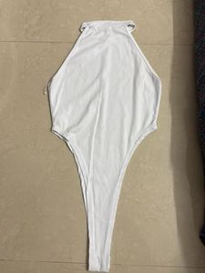 White Halter Neck Ribbed Bodysuit