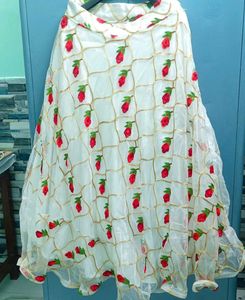 Chic White Lehenga Skirt with Strawberry Print