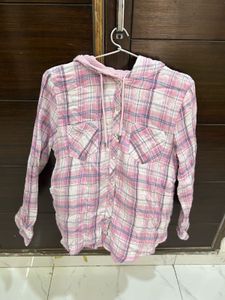 Pink Plaid Hooded Shirt
