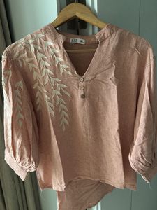 Peach Cotton Embroidered Kurta with Leaf Design