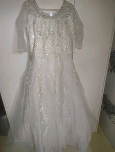 heavy flared White Anarkali Gown