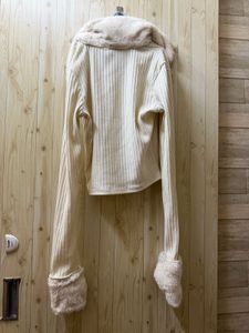 Cream Ribbed Zip-Up Top with Fur Collar