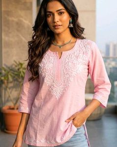 Pink short kurti white Embroidered