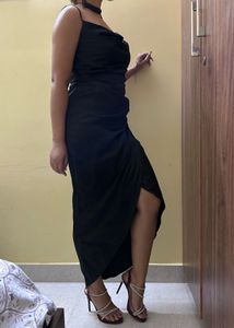 Elegant Black Satin Midi Dress