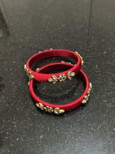 Red Embellished Silk Thread Bangles