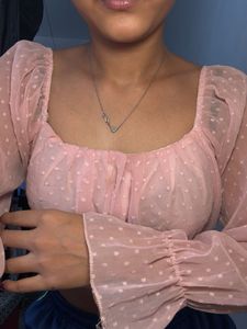 Cute Pink Dotted Long Sleeve Crop Top