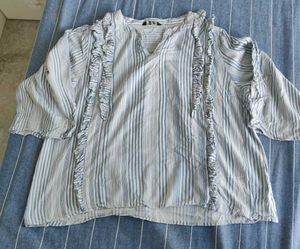 Blue Striped Ruffled V-Neck Top