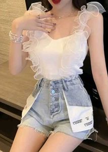 Chic Ruffle Trim Sleeveless Top-White
