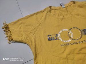 yellow fringe style printed top
