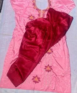 Women's Pink Embroidered Kurti with Maroon Satin