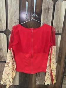 Red Embroidered Bell Sleeve Blouse