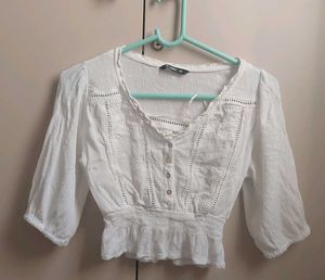 White Puff Sleeve Smocked Blouse