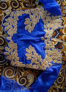 "Royal Blue Designer Blouse with Heavy Golden Embr