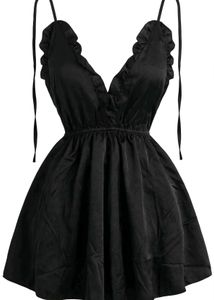 Black Satin Ruffle Babydoll Dress