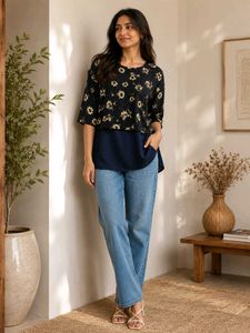Stylish Navy Blue Floral Print Layered Top 💙