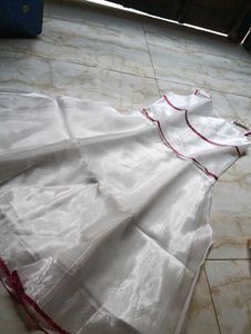 Sheer White Dress with Maroon Trim