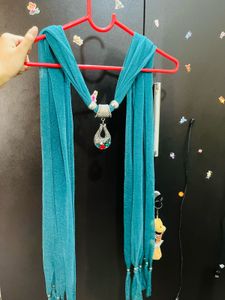 Teal Scarf with Pendant Necklace