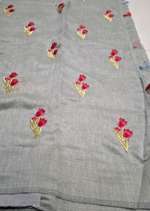 Elegant Grey Saree with Red Floral Embroidery