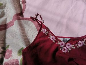 Maroon Embroidered Camisole nighty dress