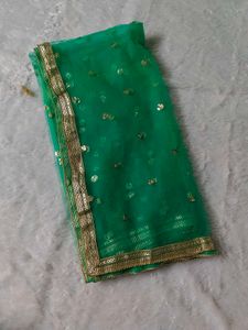 Emerald Green Net Dupatta with Gold Sequin Borders