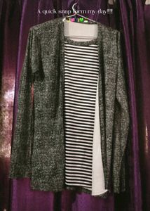 Chic Striped Knit Dress with Cardigan