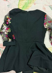 Black Embroidered Mesh Sleeve Top