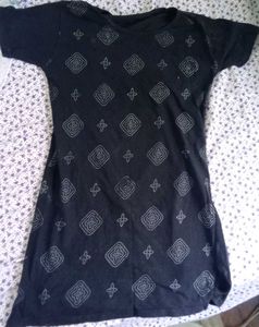 Korean Black Mini Dress with Geometric Print