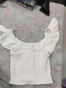 Zudio White Smocked Off-Shoulder Top