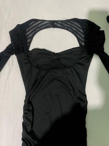 Chic Black Ruched Bodycon Dress with Mesh Sleeves