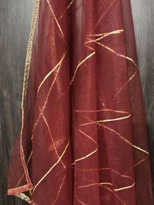 Maroon Net Dupatta with Golden Border