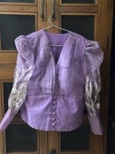 Lavender Organza Embroidered Puff Sleeve Blouse
