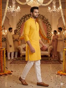Men's Yellow Kurta with White Pajama Set