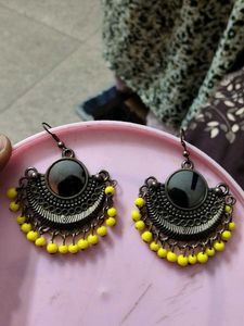 Bohemian Style Fan Earrings with Yellow Beads