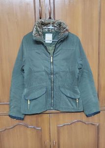 Madame Stylish Green Padded Jacket with Faux Fur