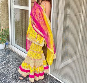 Yellow Floral Print Sharara Suit