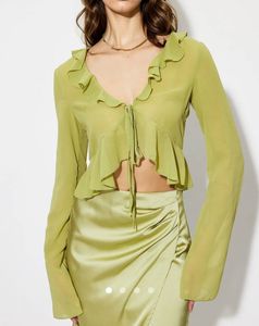 savana Lime Green Sheer Ruffle Tie-Front Top